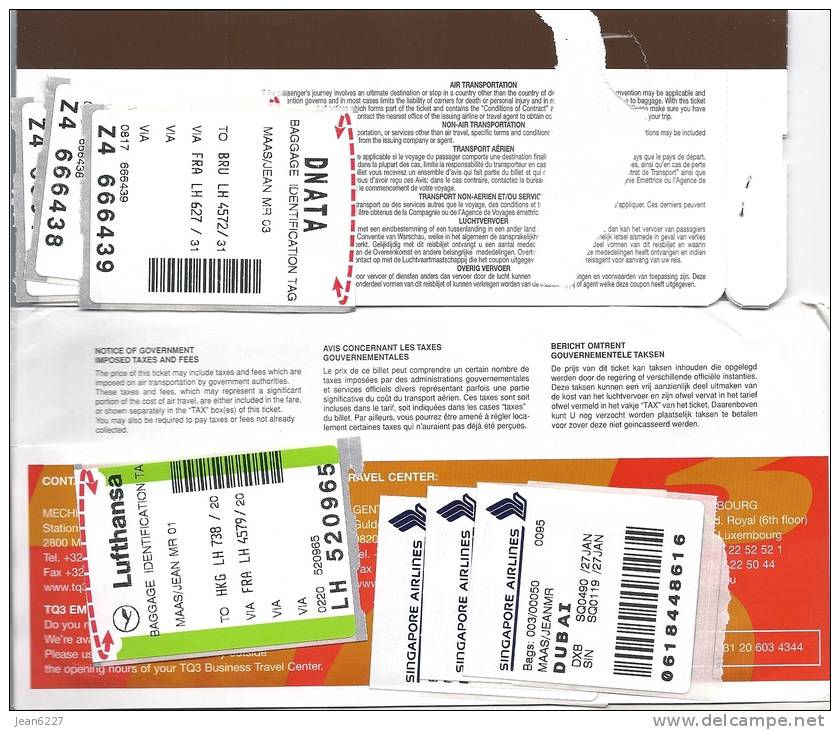 Passenger Ticket (receipt) And Luggage Tags - Flight BRU-FRA-HKG-SIN-KUL-SIN-D XB-FRA-BRU - Tickets