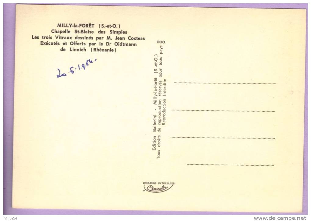 MILLY LA FORET - Chapelle St Blaise Des Simples Les 3 Vitraux De Jean Cocteau  Ed. Ballerini Non Circulé 2 Scans - Milly La Foret