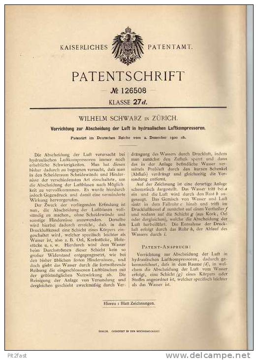 Original Patentschrift - W. Schwarz In Zürich , Kompressor , 1900  !!! - Máquinas