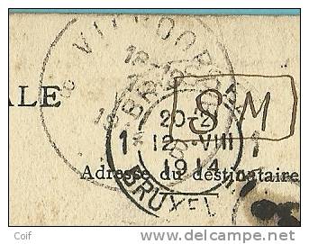 Kaart "Caserne Du 11° Regiment De Ligne" Met Stempel VILVOORDE Op 12/08/1914 Met Als Aankomst Stempel BRUXELLES 12/8/14 - Unbesetzte Zone