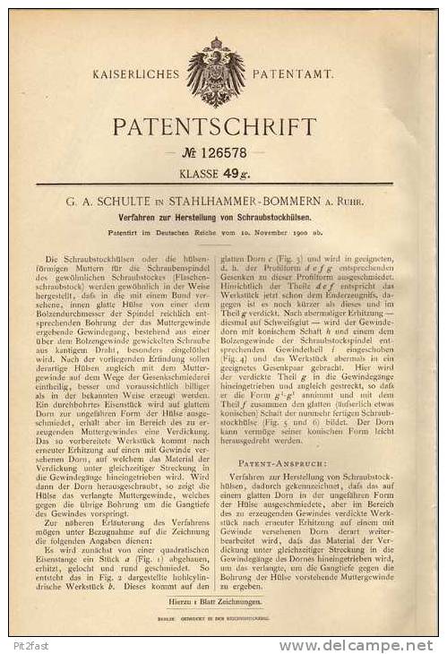 Original Patentschrift -  G.A. Schulte In Stahlhammer - Bommern A. Ruhr , Schraubstock , 1900 !!! - Máquinas