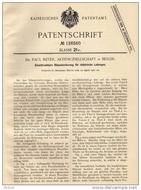 Original Patentschrift -  Dr. Paul Meyer AG In Berlin , Sicherung Für Elektr. Leitungen , 1901 !!! - Matériel Et Accessoires