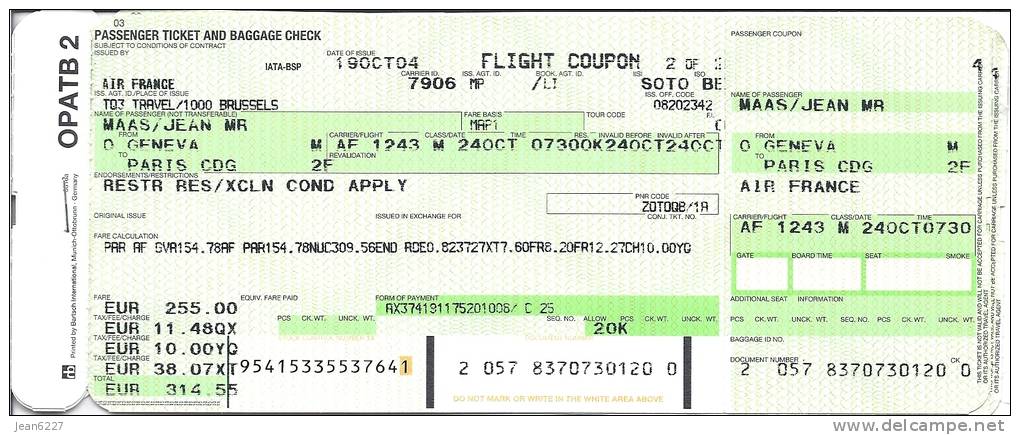 Ticket D´avion Air France, Vol Genève-Paris AF 1243 - 24/10/04 - Non Utilisé - Tickets