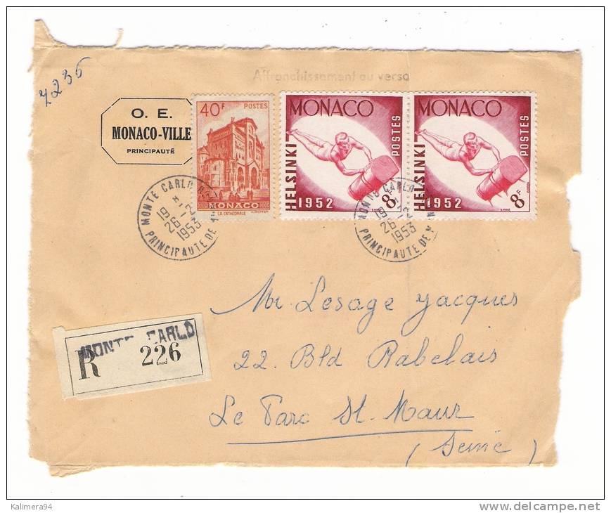 MONACO  /  Demie-Enveloppe Envoyée En Recommandé, Avec 3 Beaux Timbres + Cachet Du  2  FEVRIER  1953 - Sonstige & Ohne Zuordnung