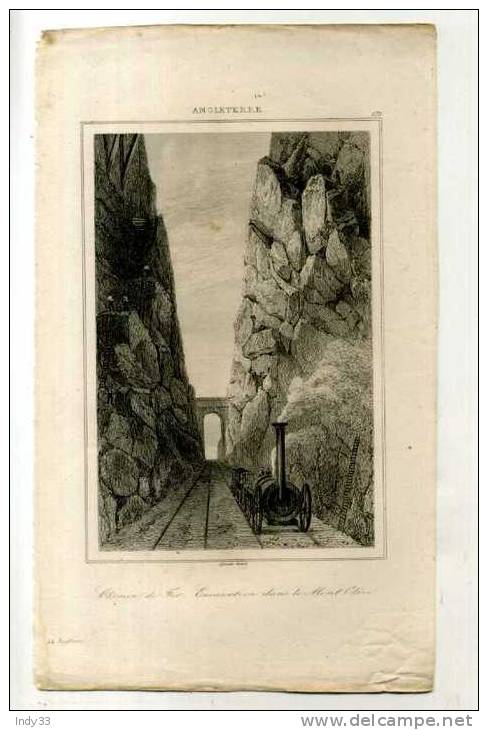 - ANGLETERRE . CHEMIN DE FER . EXCAVATION DANS LE MONT OLIVE . GRAVURE SUR ACIER DE LA 1ere 1/2 DU XIXe S. - Spoorweg