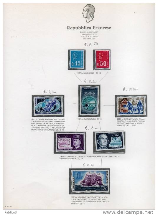 FRANCIA 1971 ANNATA MONTATA SU FOGLI GBE MNH - FRANCE VINTAGE MONTÉ SUR DES FEUILLES - 1970-1979