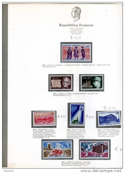 FRANCIA 1971 ANNATA MONTATA SU FOGLI GBE MNH - FRANCE VINTAGE MONTÉ SUR DES FEUILLES - 1970-1979