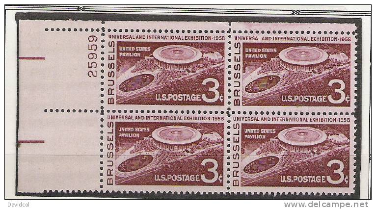 N769.-.U.S.A. / ESTADOS UNIDOS .-. 1958 .-. SCOTT # : 1104 - PLATE BLOCK NUMBER MNG . BRUSSELS  EXHIBITION - Ongebruikt