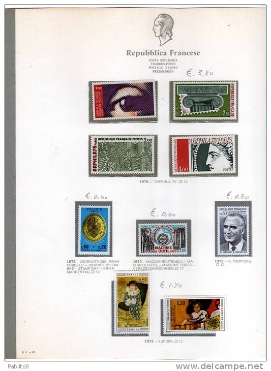 FRANCIA 1975 ANNATA MONTATA SU FOGLI GBE MNH - FRANCE VINTAGE MONTÉ SUR DES FEUILLES - 1970-1979