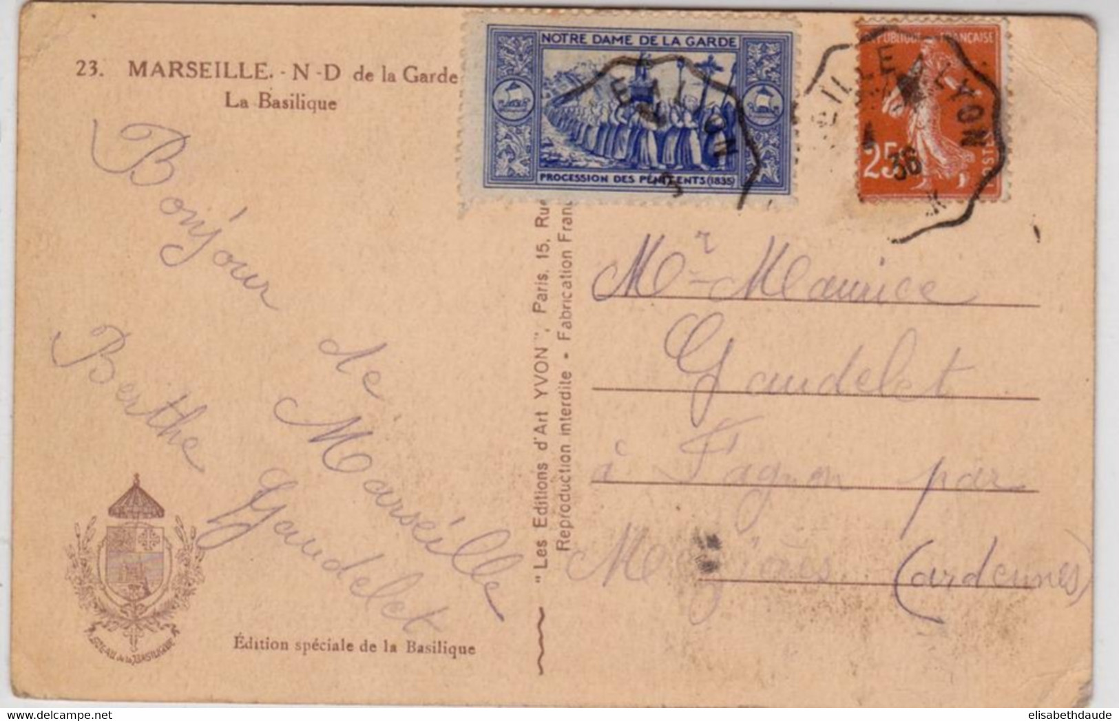 1936 - CARTE De MARSEILLE Avec VIGNETTE "PROCESSION DES PENITENTS à ND De La GARDE En 1835" Pour Les ARDENNES - SEMEUSE - Brieven En Documenten