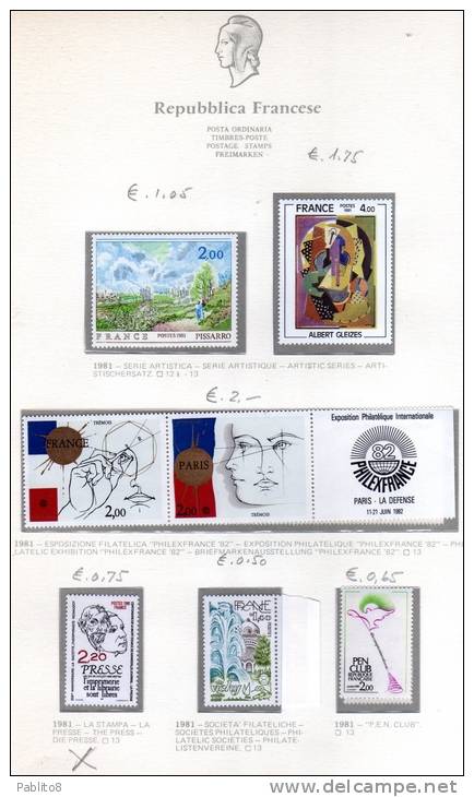 FRANCIA 1981 ANNATA MONTATA SU FOGLI GBE MNH - FRANCE VINTAGE MONTÉ SUR DES FEUILLES - 1980-1989