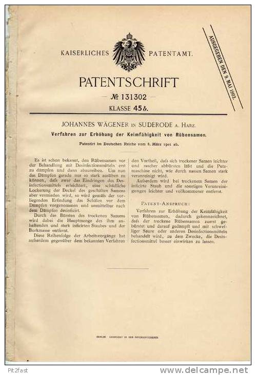 Original Patentschrift - J. Wägener In Suderode A. Harz ,1901 , Rübensamen , Landwirtschaft !!! - Landwirtschaft