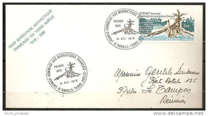 TAAF Terres Australes 1978 N° 77 O Premier Jour, FDC, Terre Adélie, Dumont D´Urville, Navigateurs, Hobart, Tasmanie - FDC