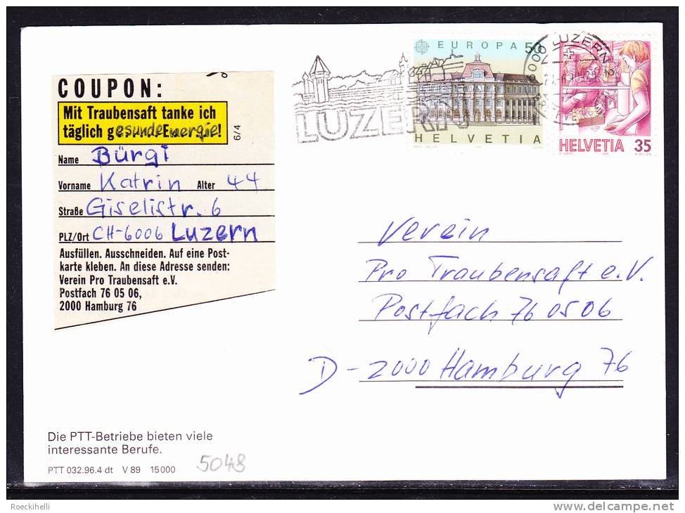 ?23.6.1990  -  Postkarte / Bedarfsbeleg, Gelaufen Von Luzern  Nach Hamburg / D  -  Siehe Scans  (ch 5048) - Briefe U. Dokumente