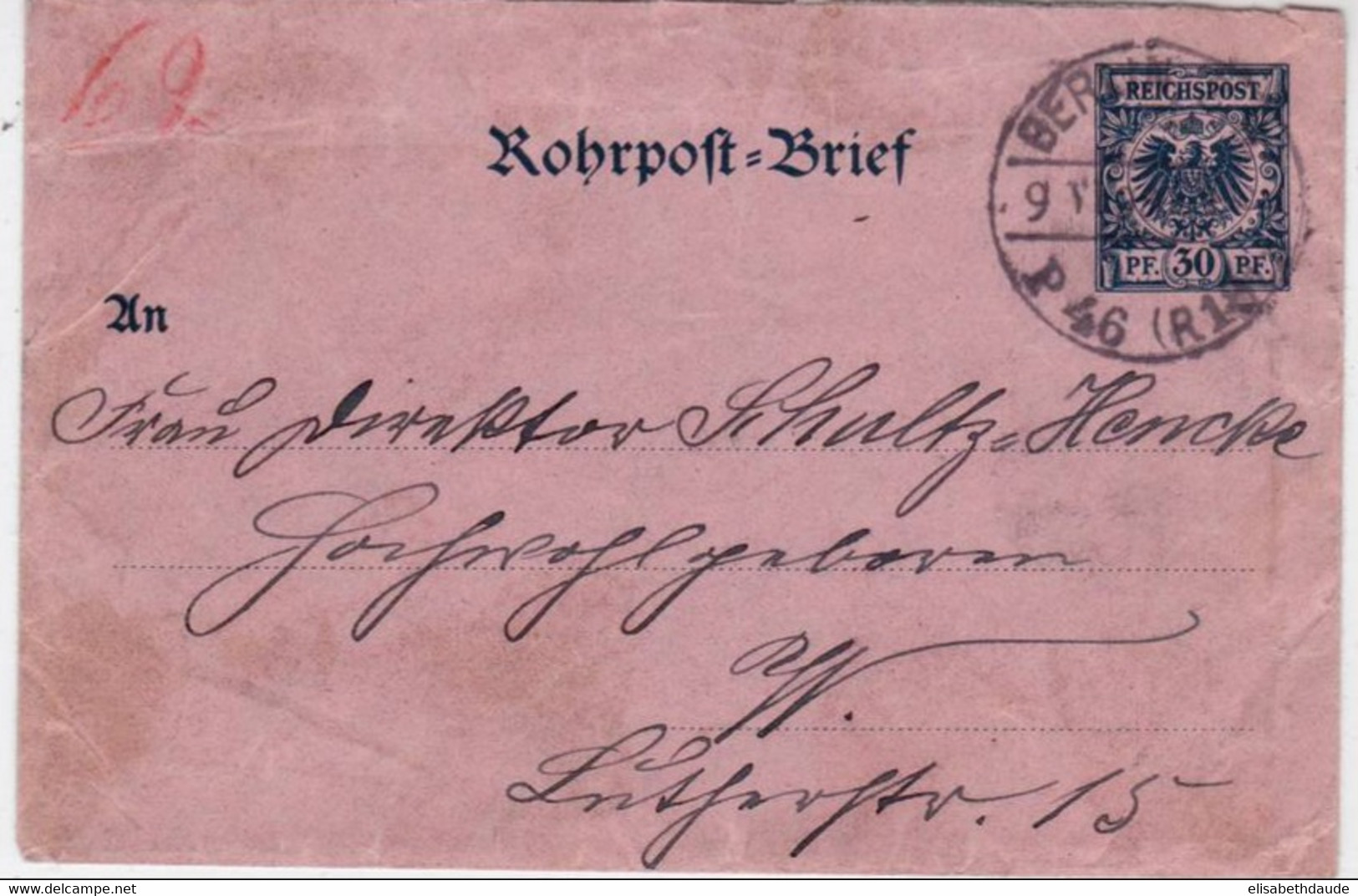 REICH - 1898 - ENVELOPPE ENTIER POSTAL PNEUMATIQUE (ROHRPOST) De BERLIN P46 Pour BERLIN P62 - Enveloppes