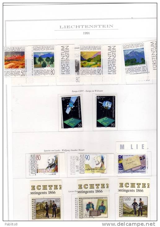 LIECHTENSTEIN 1991 FULL YEAR  ANNATA COMPLETA  MNH MONTATA SU FOGLI MARINI GUARDARE LE SCANSIONI GRAZIE - Années Complètes