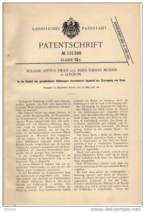 Original Patentschrift - Swan Und Parker In London ,1901, Ozonerzeuger , Glühlampen , Lampe , Leuchte !!! - Lighting & Lampshades