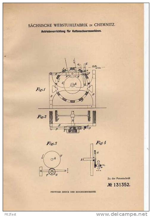 Original Patentschrift - Sächs. Webstuhlfabrik In Chemnitz , Kettenscheermaschine , 1901 , Weberei !!! - Maschinen