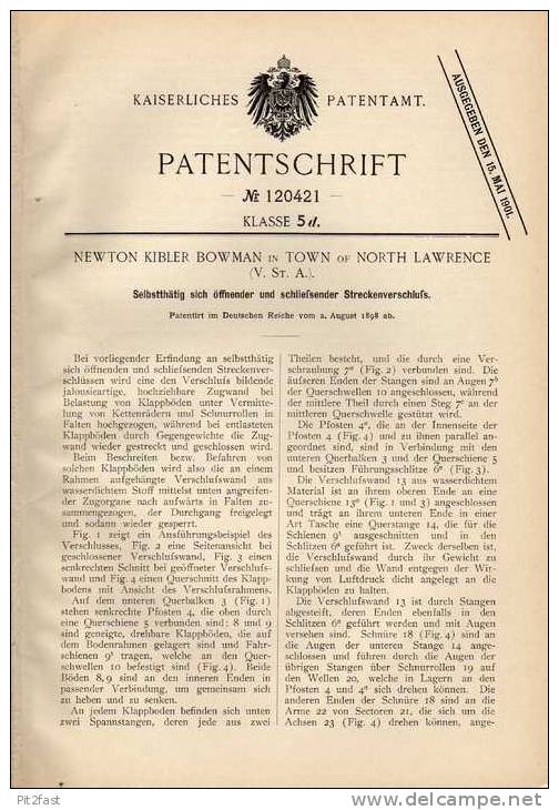 Original Patentschrift - Rolltor , Selbstöffnende Wand , 1898 , N. Bowman In Town Of North Lawrence , USA !!! - Architektur