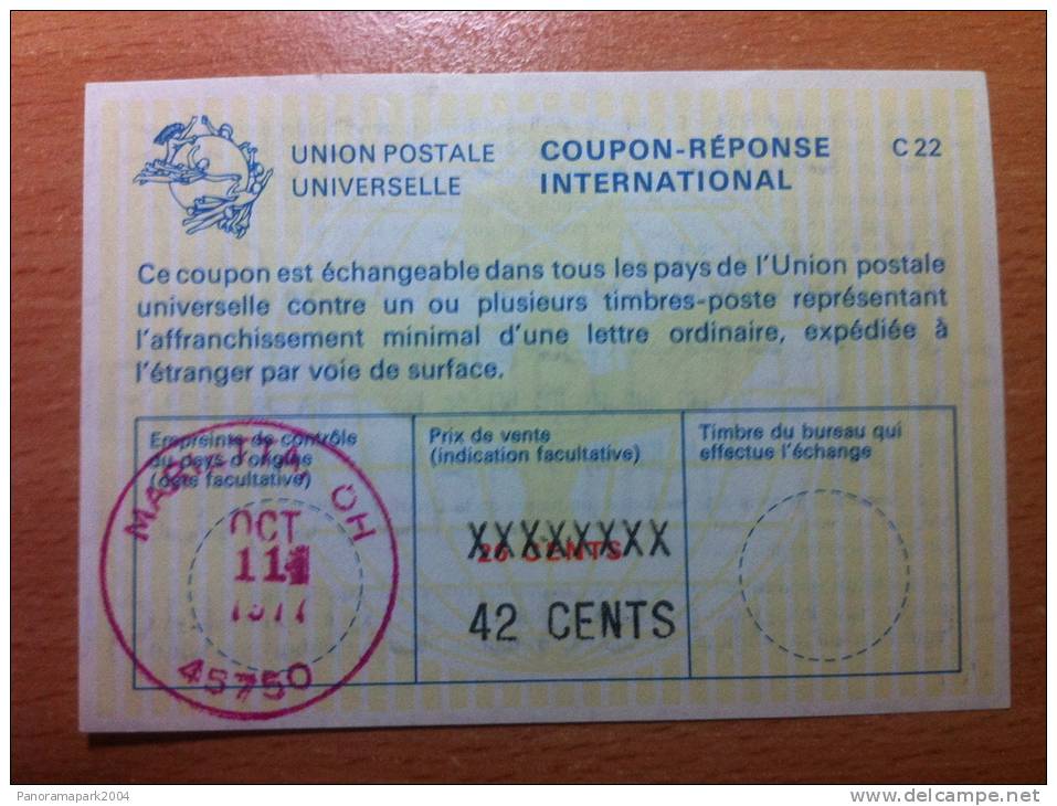 USA Etats Unis 42 Cents Sur 26 Cents 11/10/1977 UPU Union Postale Universelle COUPON-REPONSE INTERNATIONAL C22 C 22 - Other & Unclassified