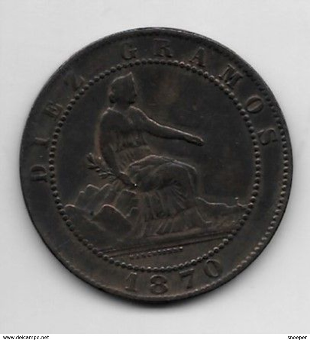 Spain 10 Centavos 1870  Km 663    Vf - First Minting