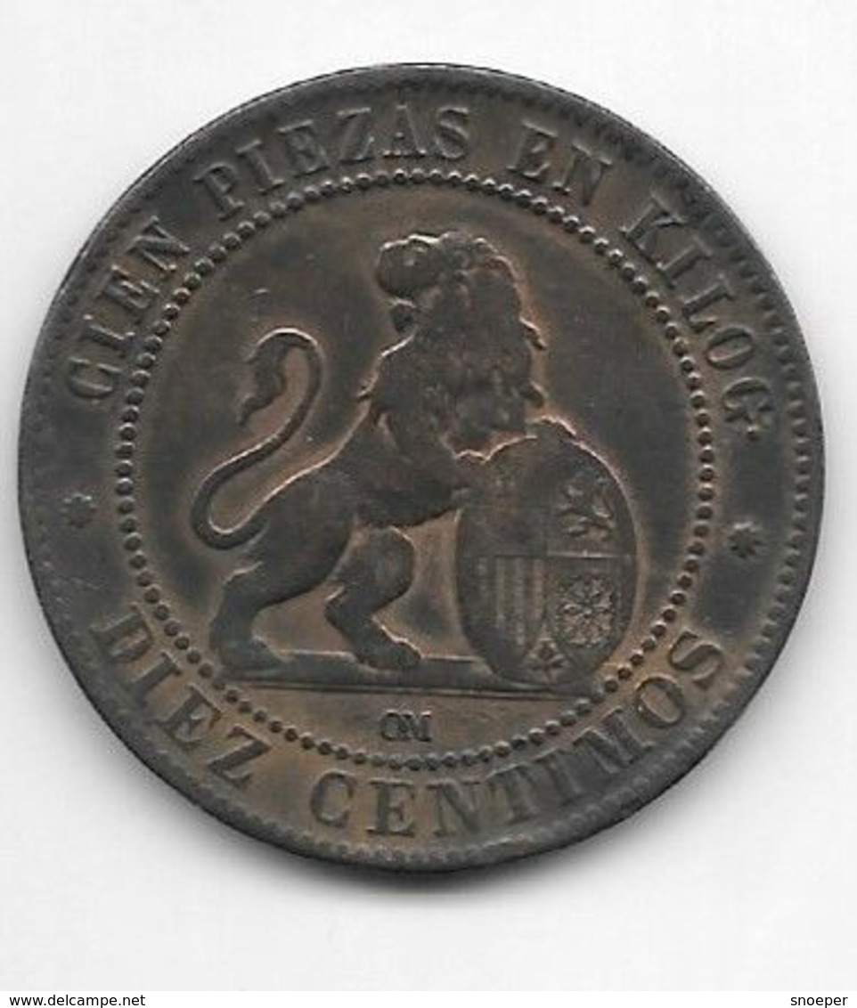 Spain 10 Centavos 1870  Km 663    Vf - First Minting