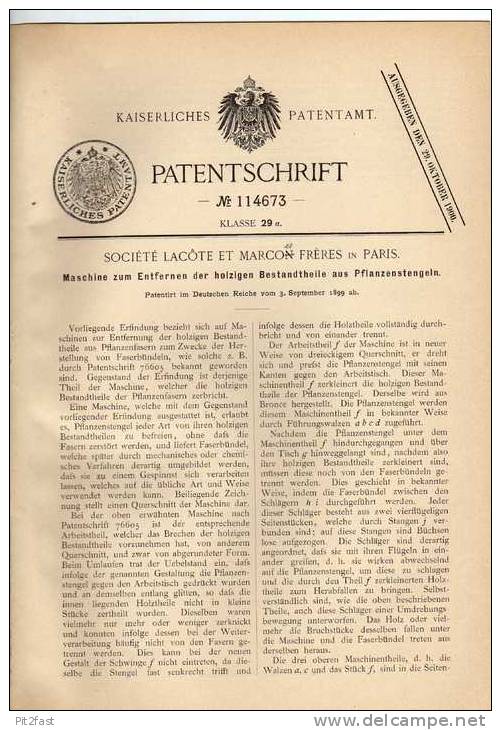 Original Patentschrift - Stengelmaschine , Pflanzen , Gärtnerei , 1899, M. Freres In Paris  !!! - Maschinen