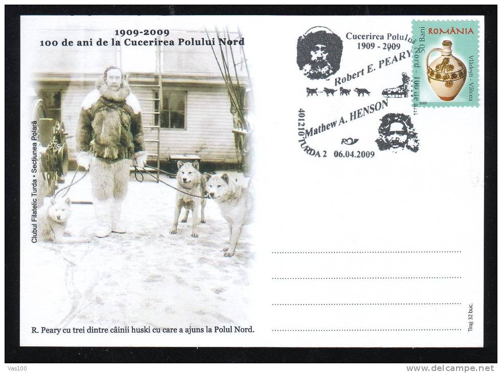 R. PEARY AND 3 DOGS, NORTH POLE CONQUER, 2009, SPECIAL COVER, OBLITERATION CONCORDANTE, ROMANIA - Onderzoekers