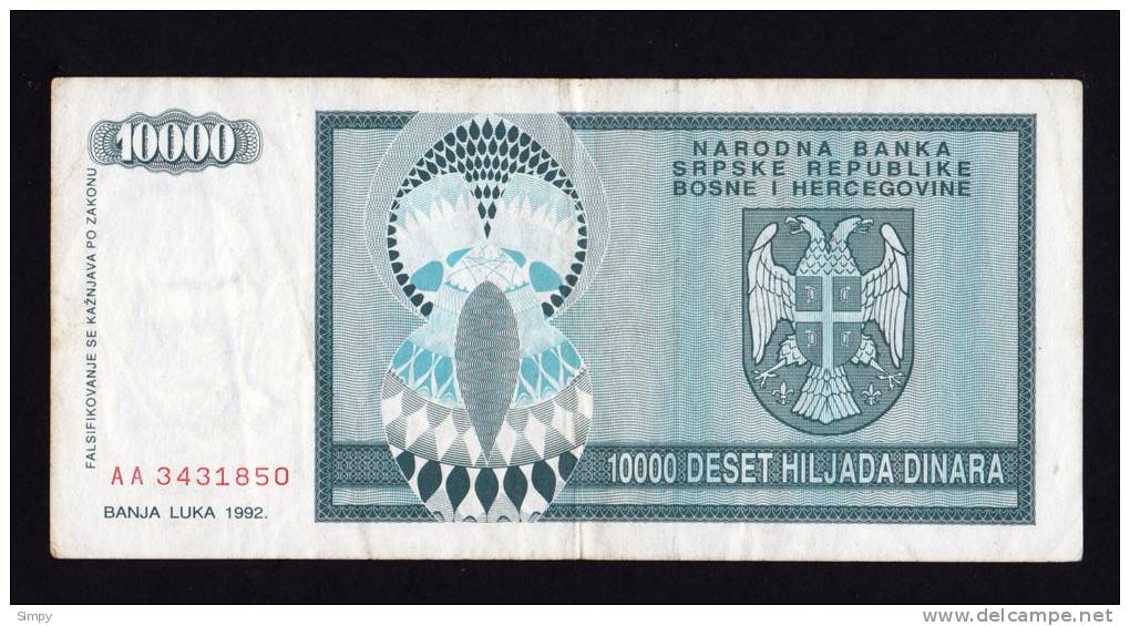 BOSNIA & HERZEGOVINA Banja Luka  - 10.000 Dinara 1992  Pick 139 - Bosnië En Herzegovina