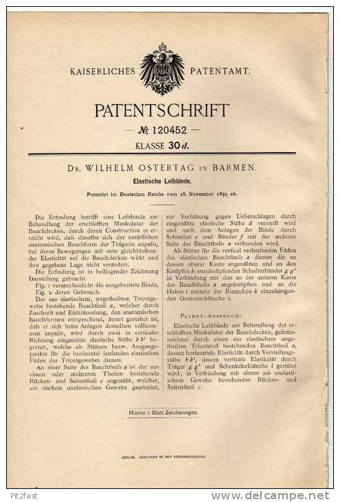 Original Patentschrift - Dr. W. Ostertag In Barmen , 1899, Elastische Leibbinde !!! - Littérature