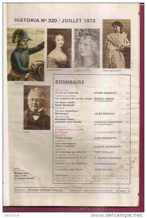 ** REVUE HISTORIA N°320  De JUILLET 1973 **    -   * PILOTES D´ESSAIS / BONAPARTE EN EGYPTE / LUCRECE BORGIA * - French