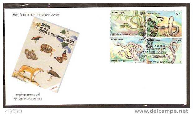 India 2003 Snakes King Cobara Python Gliding Snake Bamboo Pit Viper Reptiles Tiger Butterfly FDC+Blank Folder - Serpents