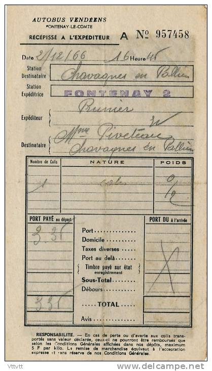 1966, Autobus Vendéens, Fontenay-le-Comte, Récépissé à L'expéditeur, Chavagnes-en-Palliers, 1 Colis, Prunier, Piveteau - Transports