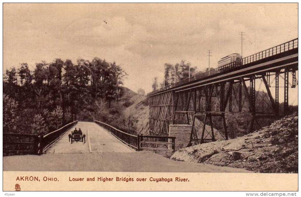 U.S.A: 1907 Très Belle Carte Akron Ohio  Très Belle Carte "ponts Bas Et Haut Sur La Rivière Cuyahoga Train Et Voiture - Akron