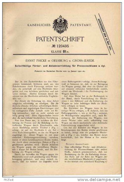 Original Patentschrift - E. Fricke In Oelsburg B. Gross Ilsede , 1900, Förderband , Fördrvorrichtung !!! - Maschinen