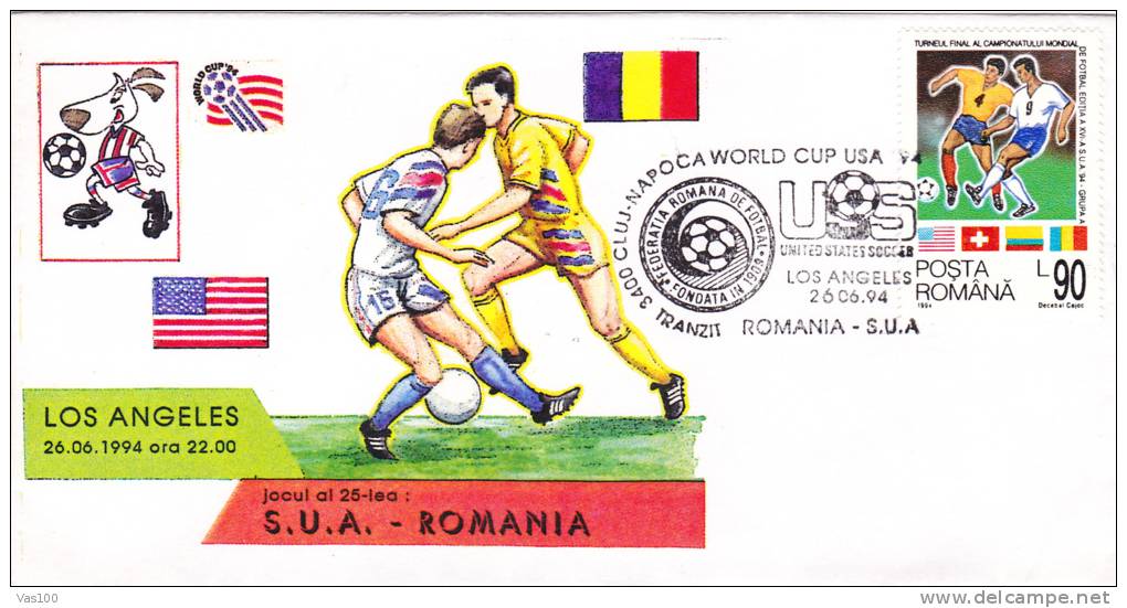 FOOTBALL WORLD CUP, USA, 1994, SPECIAL COVER, OBLITERATION CONCORDANTE, ROMANIA - 1994 – États-Unis