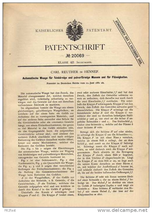 Original Patentschrift - C. Reuther In Hennef , 1881, Automatische Waage !!! - Máquinas