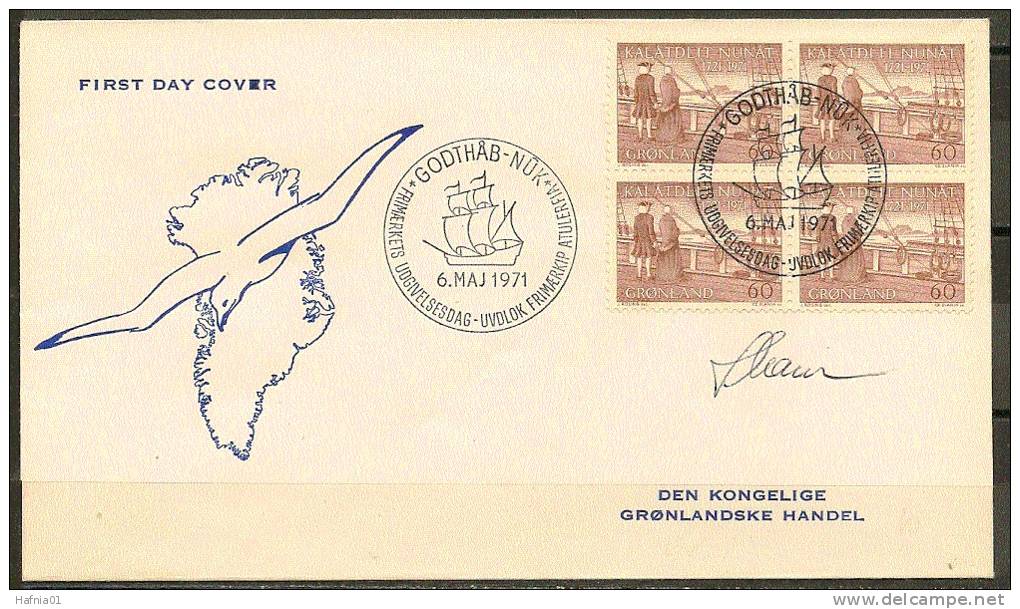 Czeslaw Slania. Greenland 1971. Hans Egede. Michel 77, 4-block FDC.  Signed. - FDC