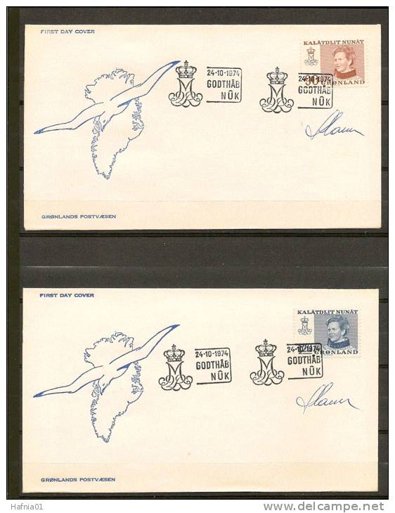 Czeslaw Slania. Greenland 1974. Queen Margrethe II. Michel 90-91 FDC. Signed. - FDC