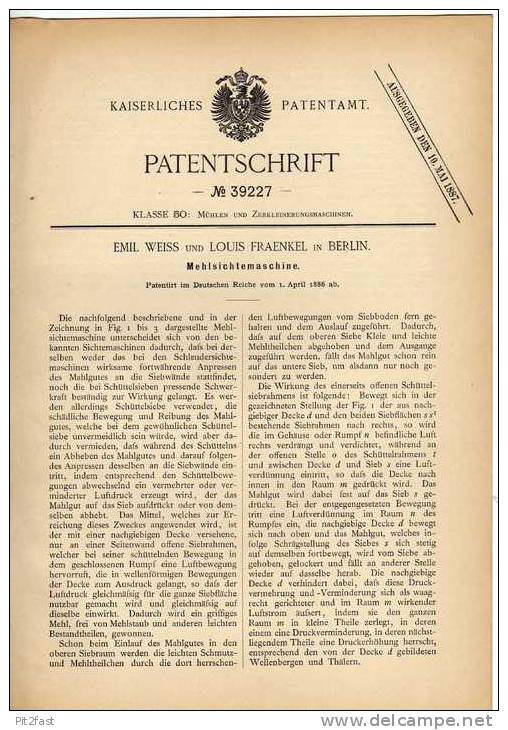 Original Patentschrift -  Mehlmaschine , Bäckerei , 1886 , E. Weiss In Berlin !!! - Tools