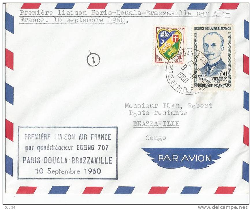Première Liaison Aérienne Paris - Douala - Brazzaville   - Par  Air France .  LE  10/09/1960 - Erst- U. Sonderflugbriefe