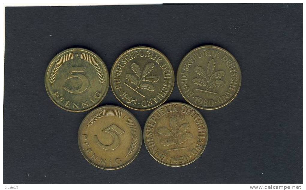 MONNAIE - ALLEMAGNE - Lot De 5 Pièces De 5 PFENNIG 1950/79/80/82/91 - 5 Pfennig