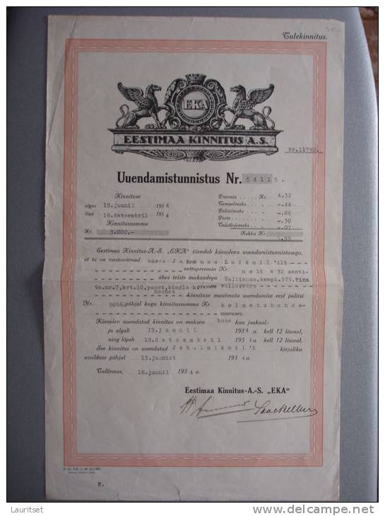 Estland Estonia Estonie 1934 Versicherungspolis Insurance Police Versicherungsgellschft Eestimaa Kinnituse AS - Banco & Caja De Ahorros