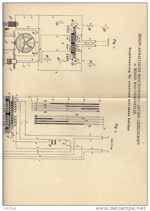 Original Patentschrift - Steuerung Für Fahrstuhl , Aufzug , Lift , 1899 , Maschinenbau AG Berlin - Martinikenfelde !!! - Machines