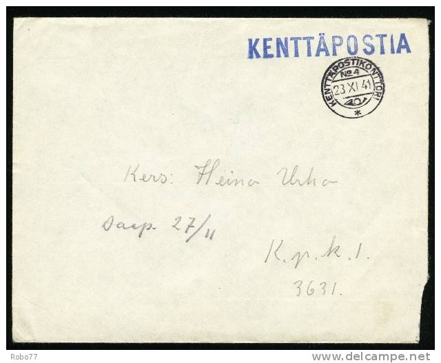 1941 Finland Cover.  Feldpost, Fieldpost, Military. Kenttäpostia. Kenttäpostikonttori No 4, 23.XI.41. (Q08020) - Militärmarken