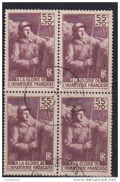 N° 386 55C+70C BRUN VIOLET POUR L´ERECTION D´UN MONUMENT A LA GLOIRE DE L´INFANTERIE  BLOC DE 4 OBL - Afgestempeld