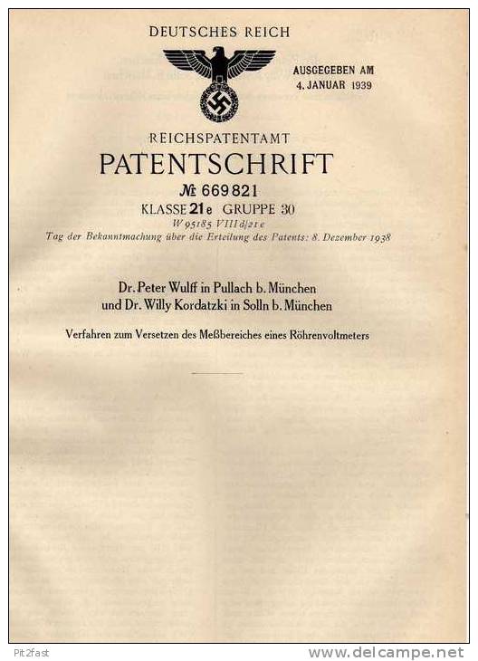 Original Patentschrift - Dr. P. Wulff In Pullach Und Solln B. München , 1934 , Röhrenvoltmeter , Voltmeter , Elektrik !! - Libros Y Esbozos