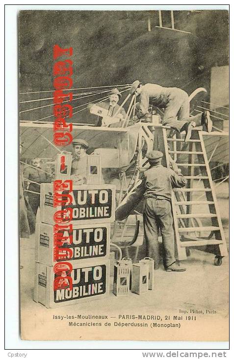 AVIATION PARIS MADRID En 1911 - Aéroplane Et Mecaniciens De Déperdussin - Rallye Aérien Essence Automobiline - Dos Scané - Fliegertreffen