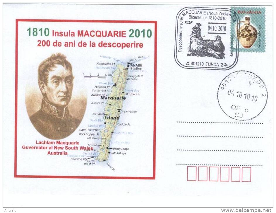 2010 ROMANIA 200 Years Discovery Macquarie Island ,Lachlam Macquarie, Map Carte Special Cancel  Stationery Entier Cover - Islands