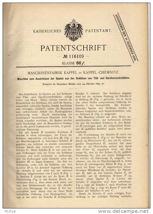 Original Patentschrift - Maschinenfabrik In Kappel - Chemnitz , 1899 , Maschine Für Webstuhl , Weberei !!! - Machines